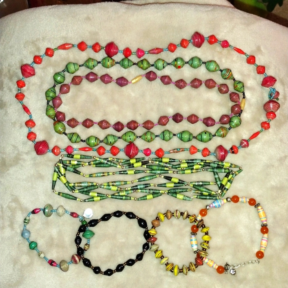 Paper rolled beaded bracelets and necklaces.